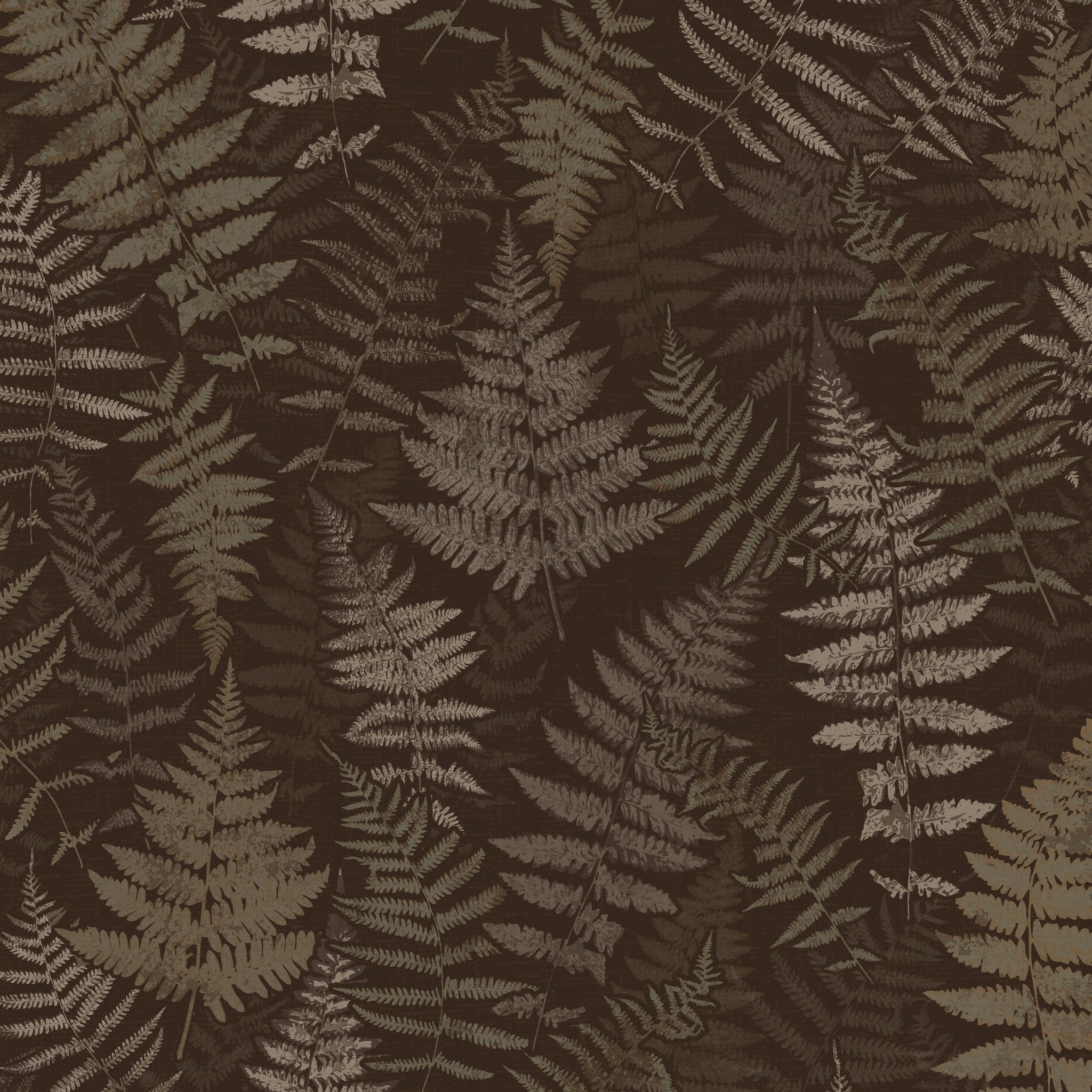 Botanical fern wallpaper in earthy chocolate brown and muted green tones