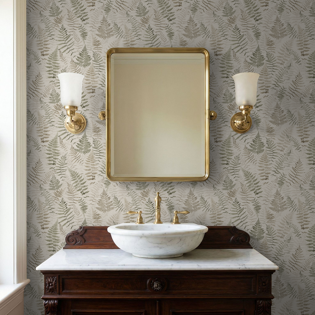 Botanical fern wallpaper with cream and walnut tones in an elegant bathroom setting.