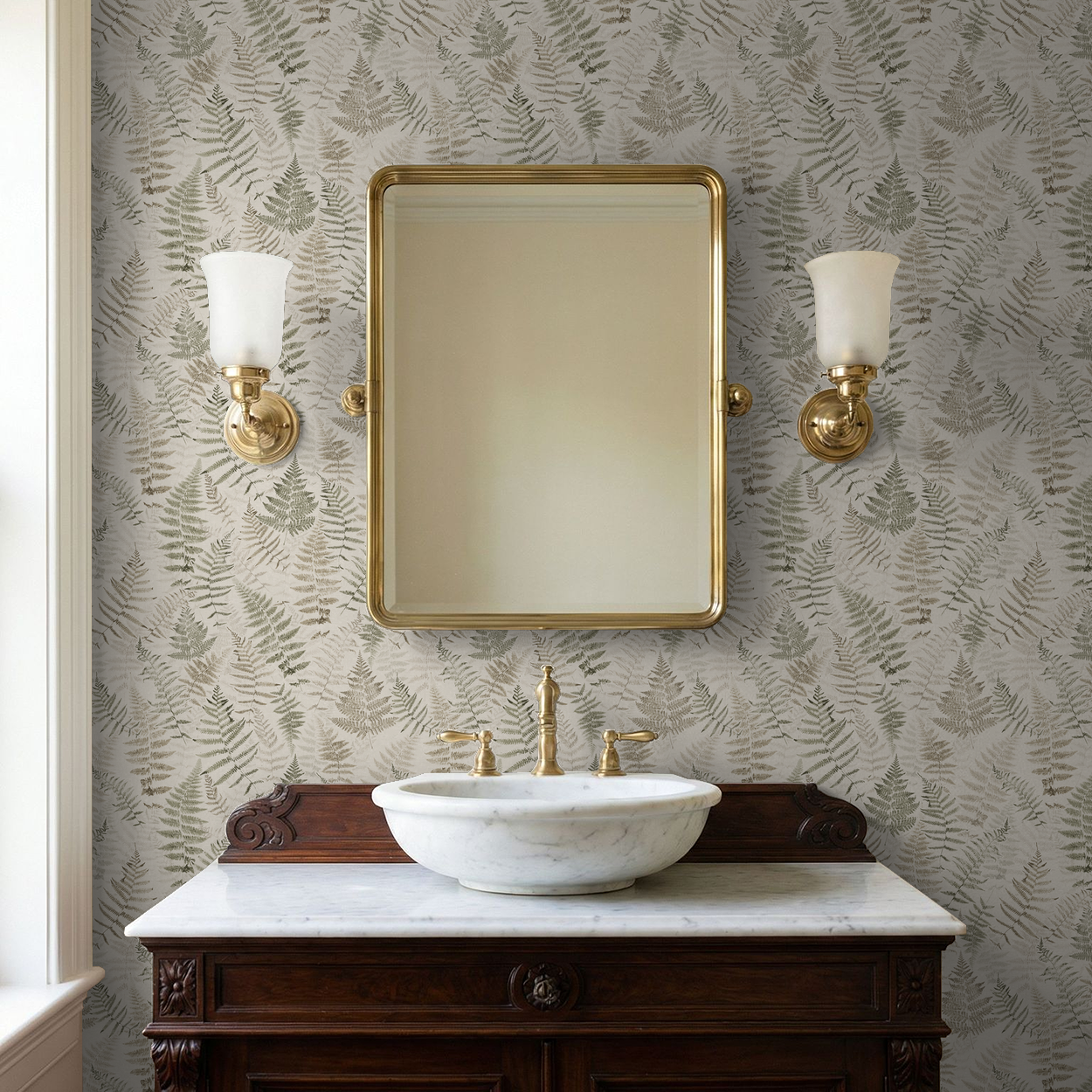Botanical fern wallpaper with cream and walnut tones in an elegant bathroom setting.