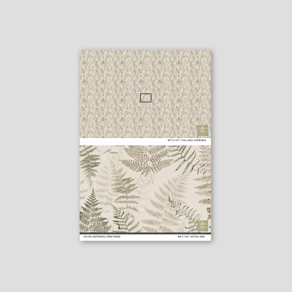 Botanical fern wallpaper in soft cream and muted walnut tones with delicate leaf patterns.