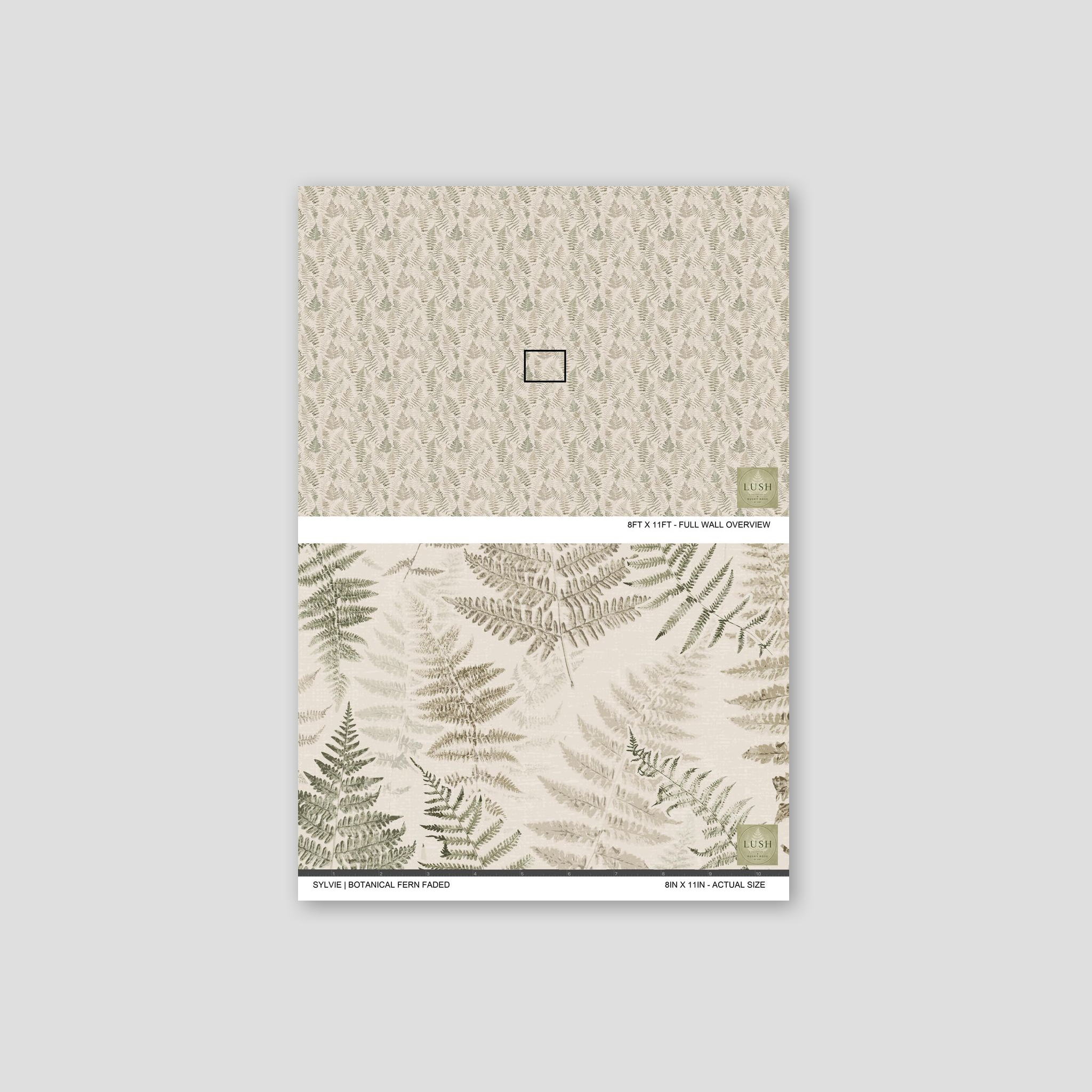 Botanical fern wallpaper in soft cream and muted walnut tones with delicate leaf patterns.