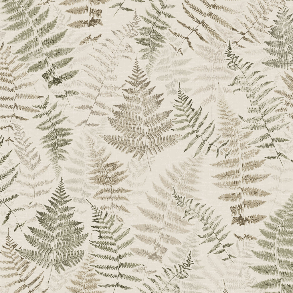 Botanical fern wallpaper with cream and walnut tones, featuring delicate leaf patterns.