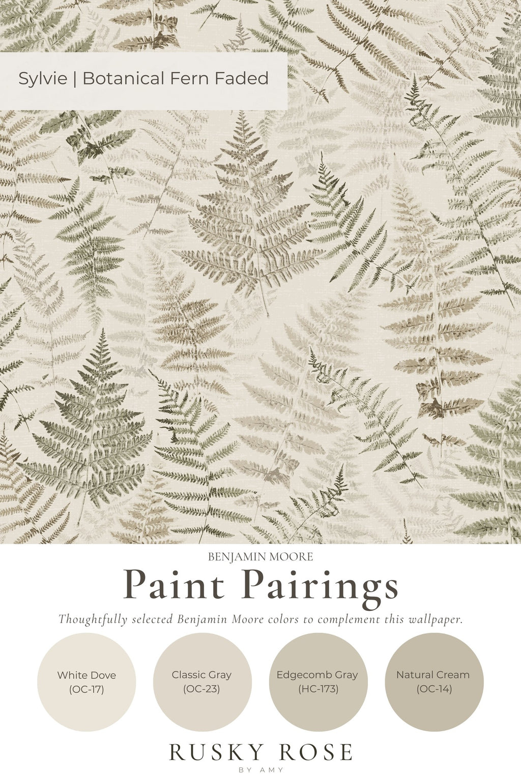Botanical fern wallpaper in cream and walnut tones with paint pairings.