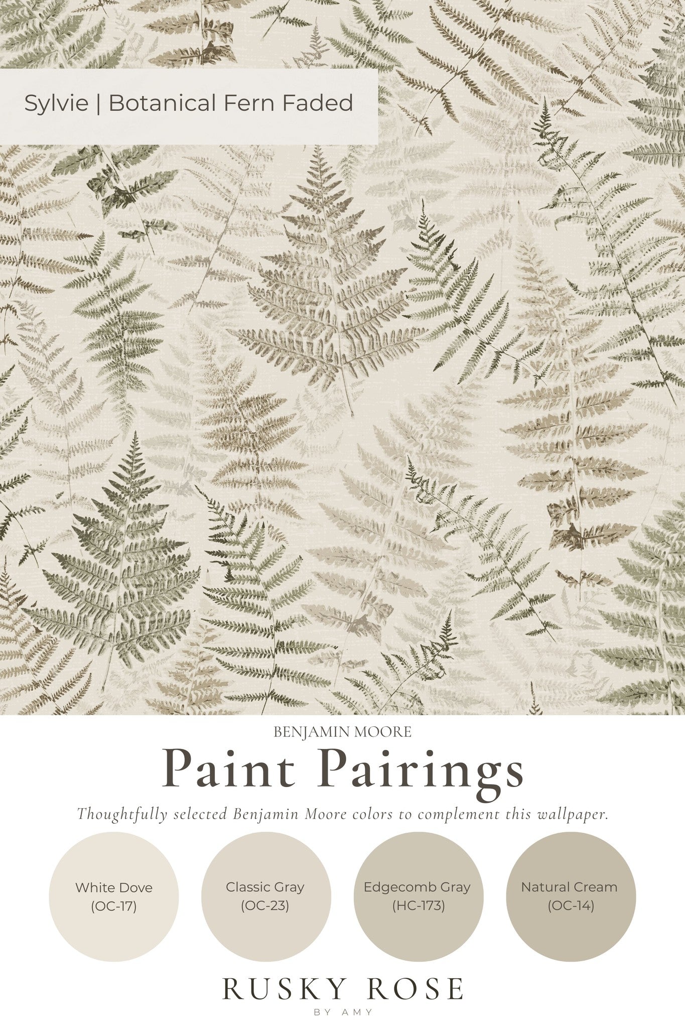 Botanical fern wallpaper in cream and walnut tones with paint pairings.