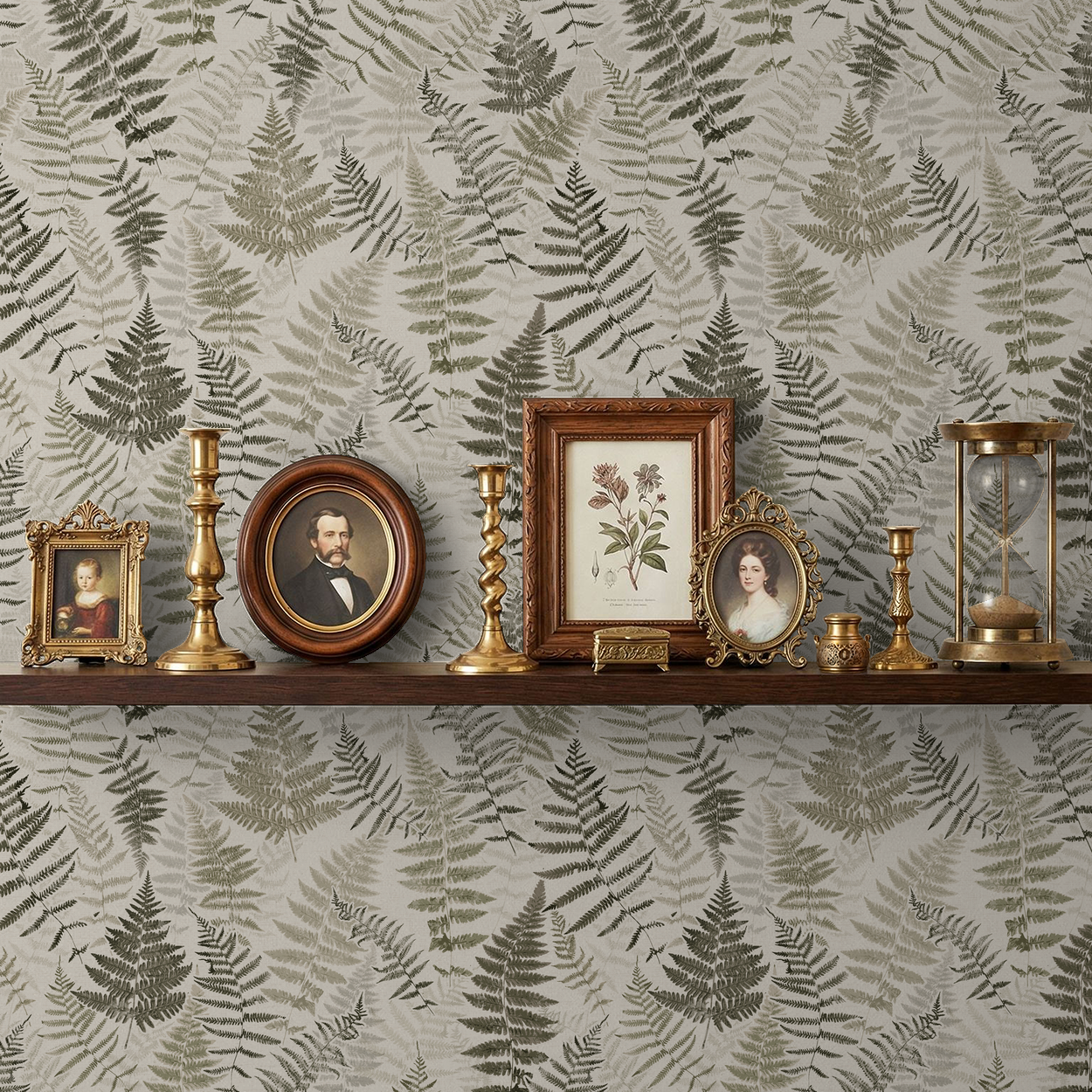 Botanical fern wallpaper with earthy greens and browns on a creamy backdrop, antique decor on shelf.