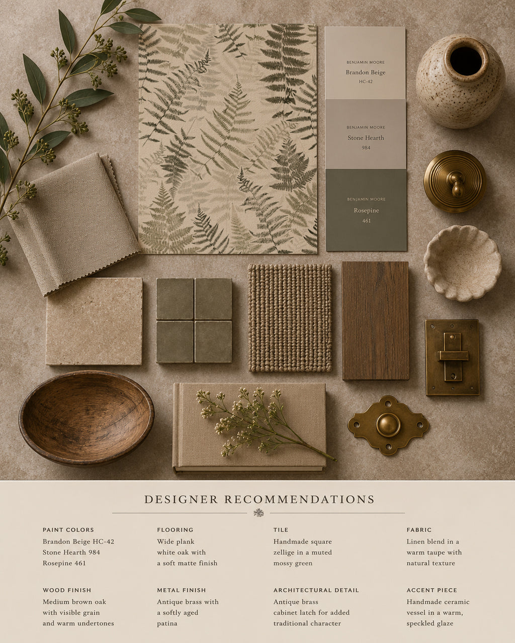 Botanical fern wallpaper sample with earthy decor elements and paint swatches.