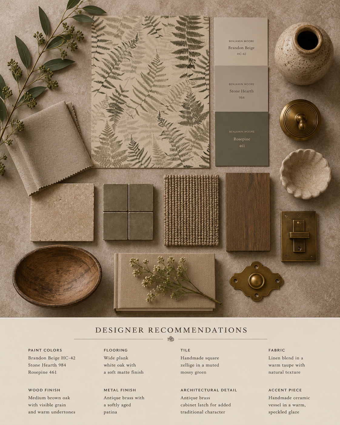 Botanical fern wallpaper sample with earthy decor elements and paint swatches.