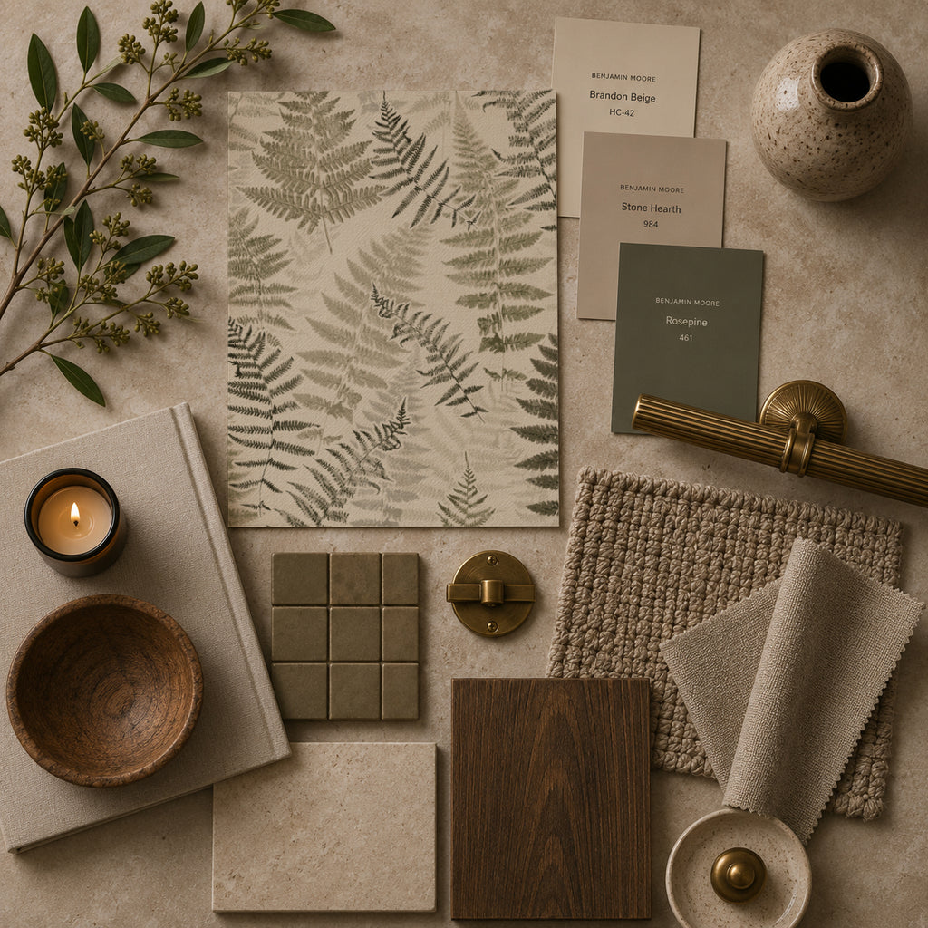 Botanical fern wallpaper with earthy greens on a creamy backdrop, styled with natural decor elements.