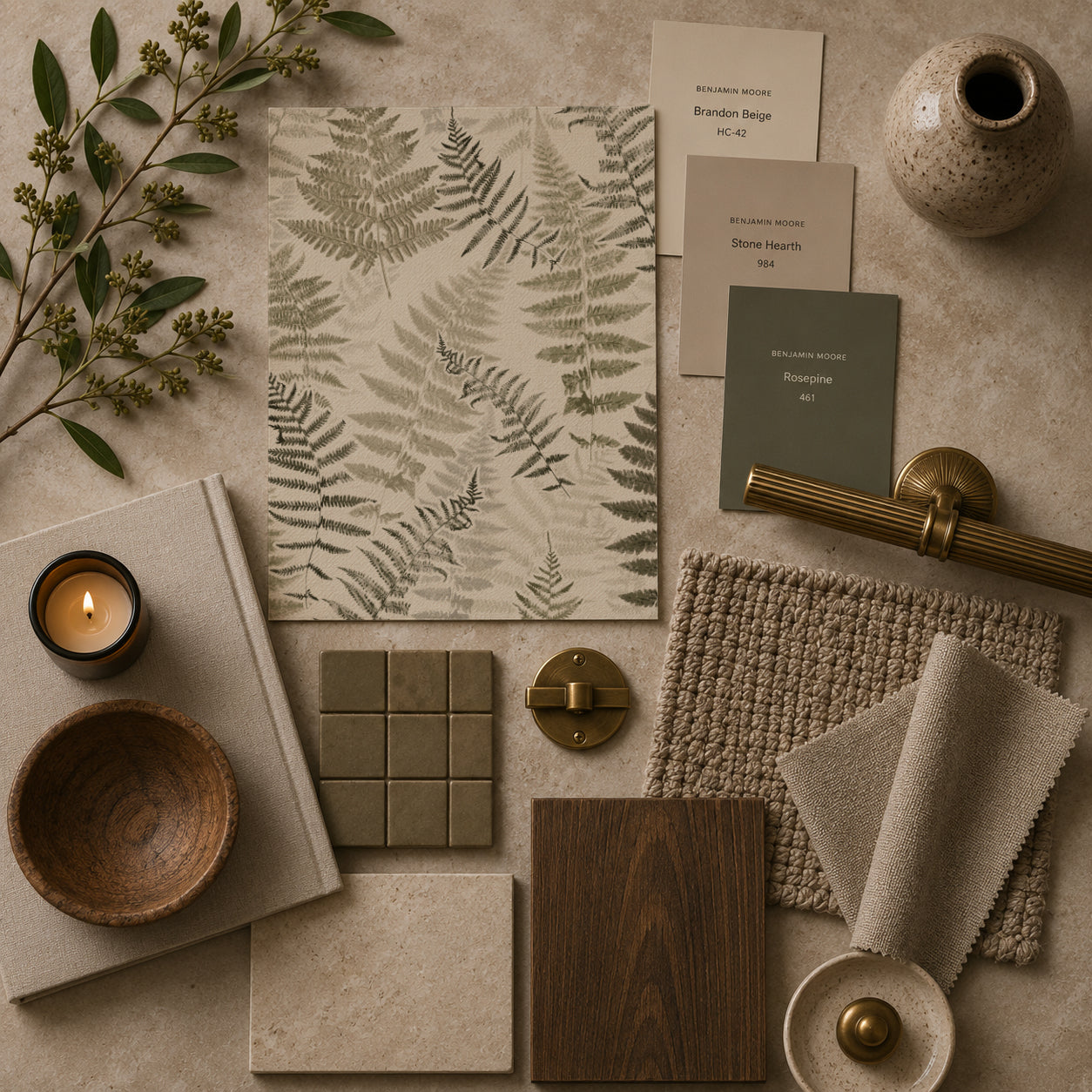 Botanical fern wallpaper with earthy greens on a creamy backdrop, styled with natural decor elements.