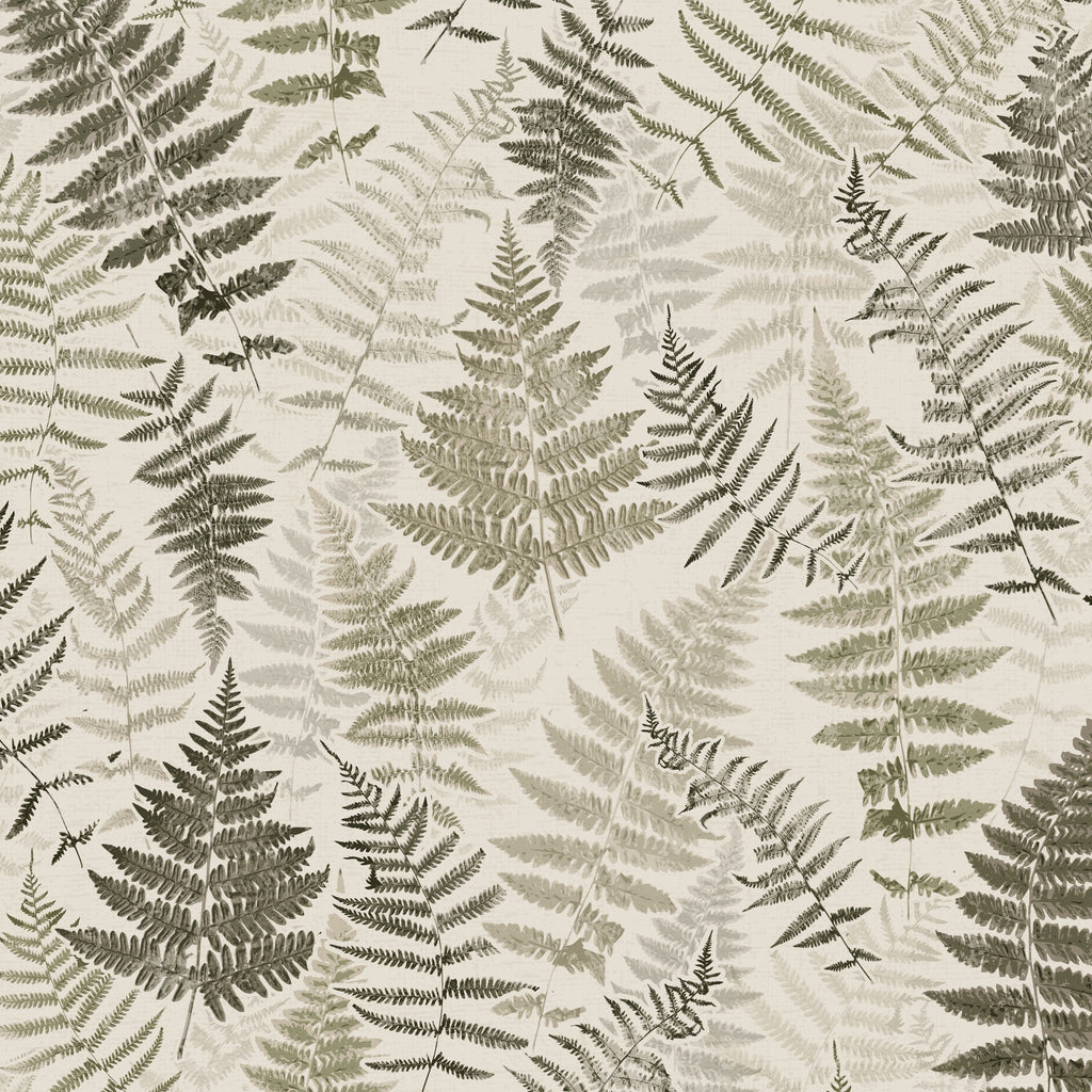 Botanical fern wallpaper with earthy greens on a creamy backdrop.
