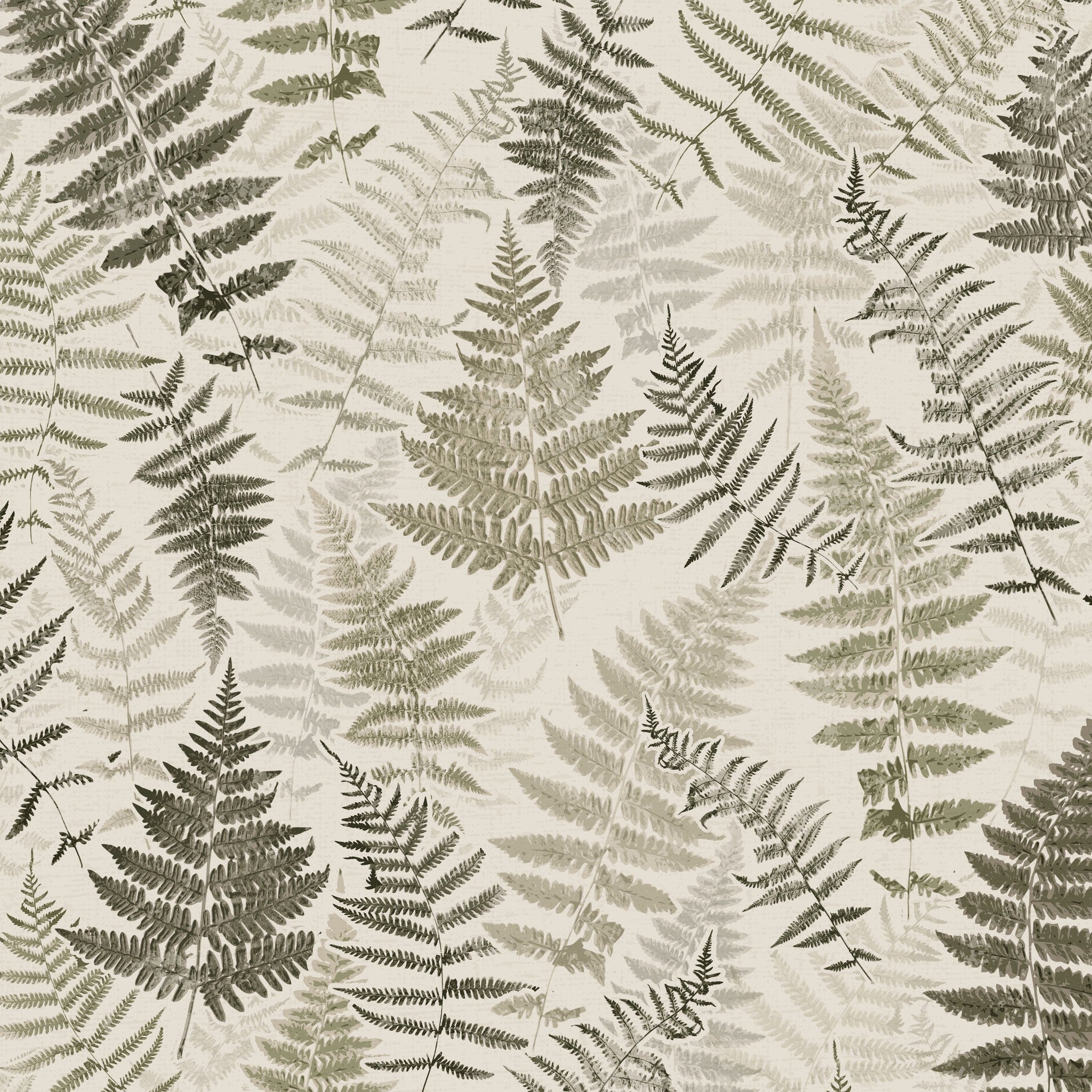 Botanical fern wallpaper with earthy greens on a creamy backdrop.