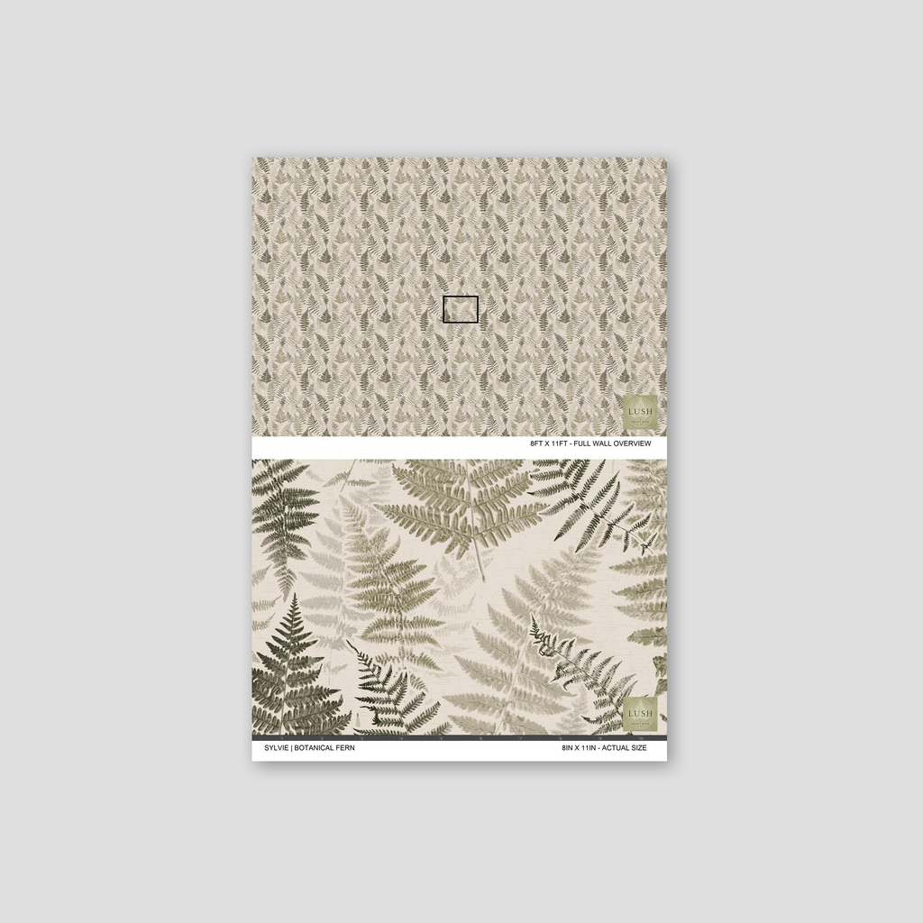 Botanical fern wallpaper with earthy greens on a creamy backdrop.