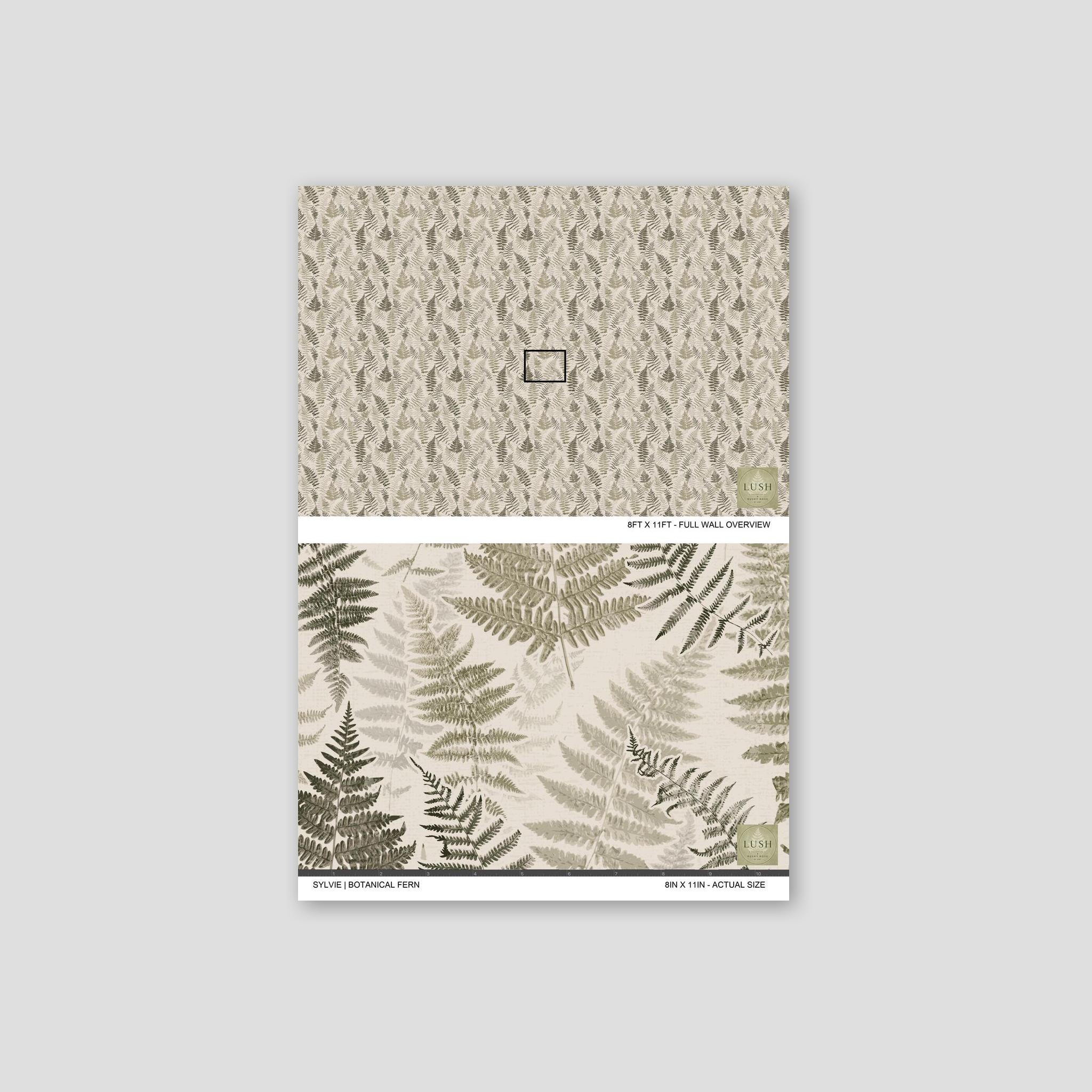 Botanical fern wallpaper with earthy greens on a creamy backdrop.