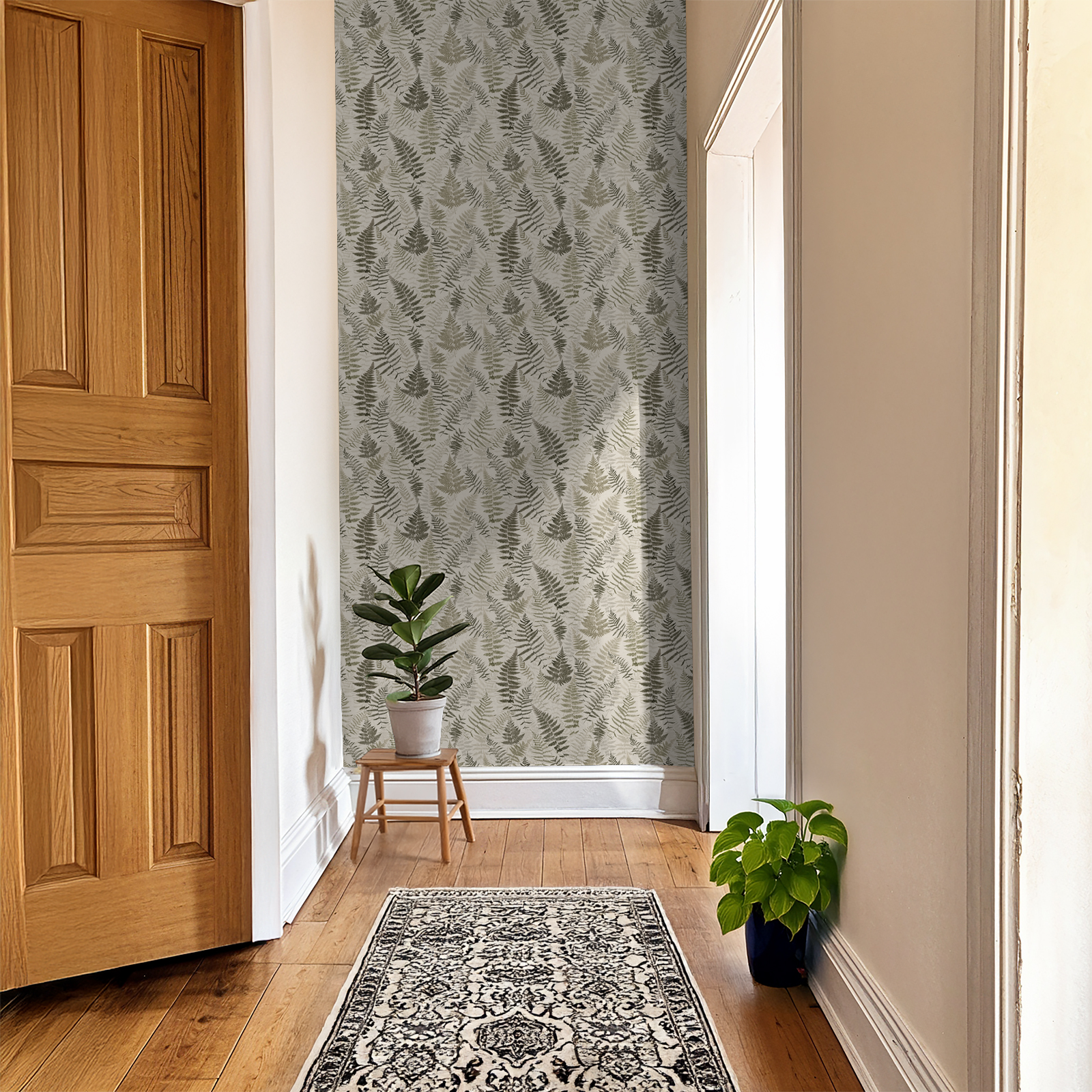Botanical fern wallpaper in hallway with wooden floor and potted plants.