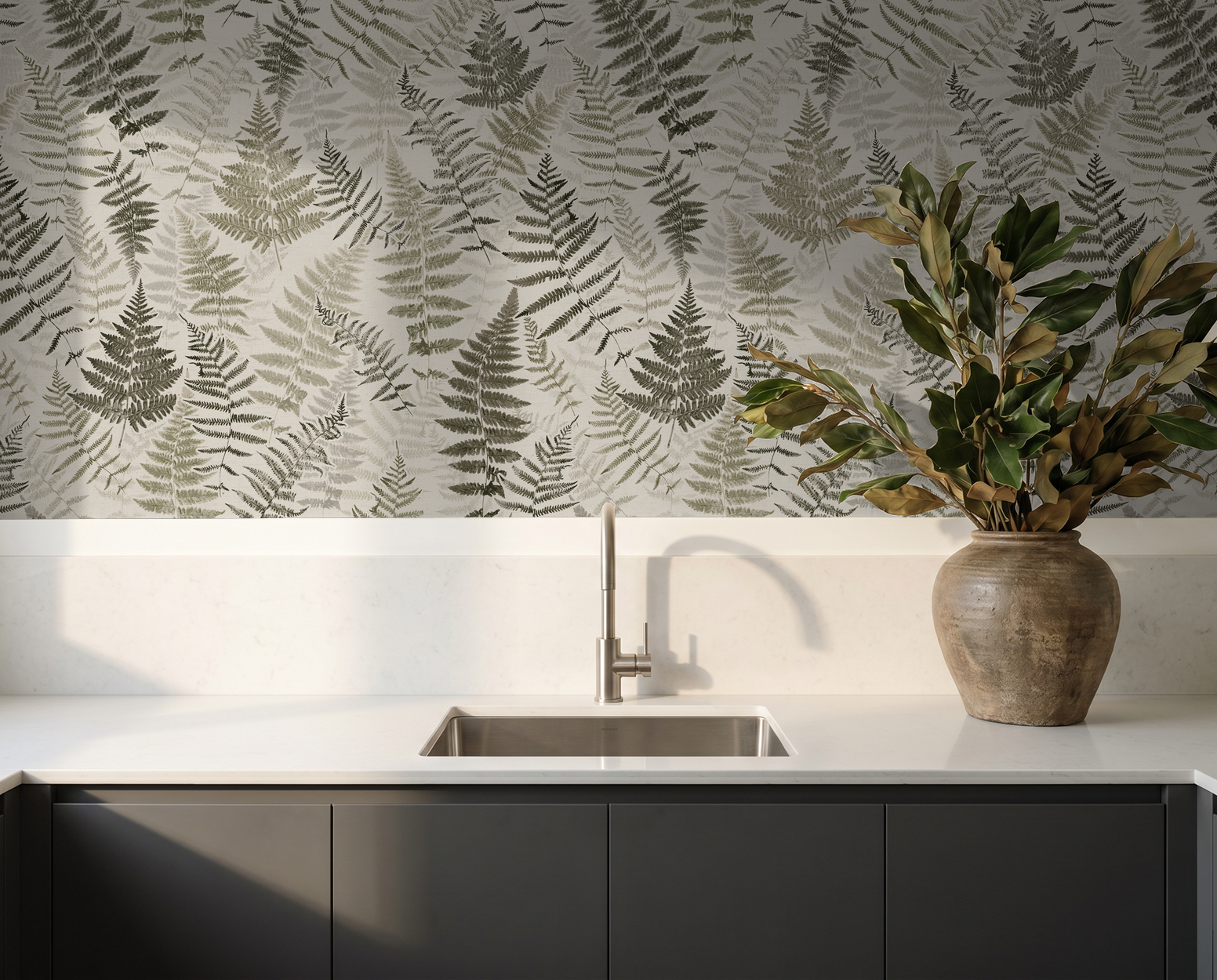 Botanical fern wallpaper in kitchen with green foliage vase on counter