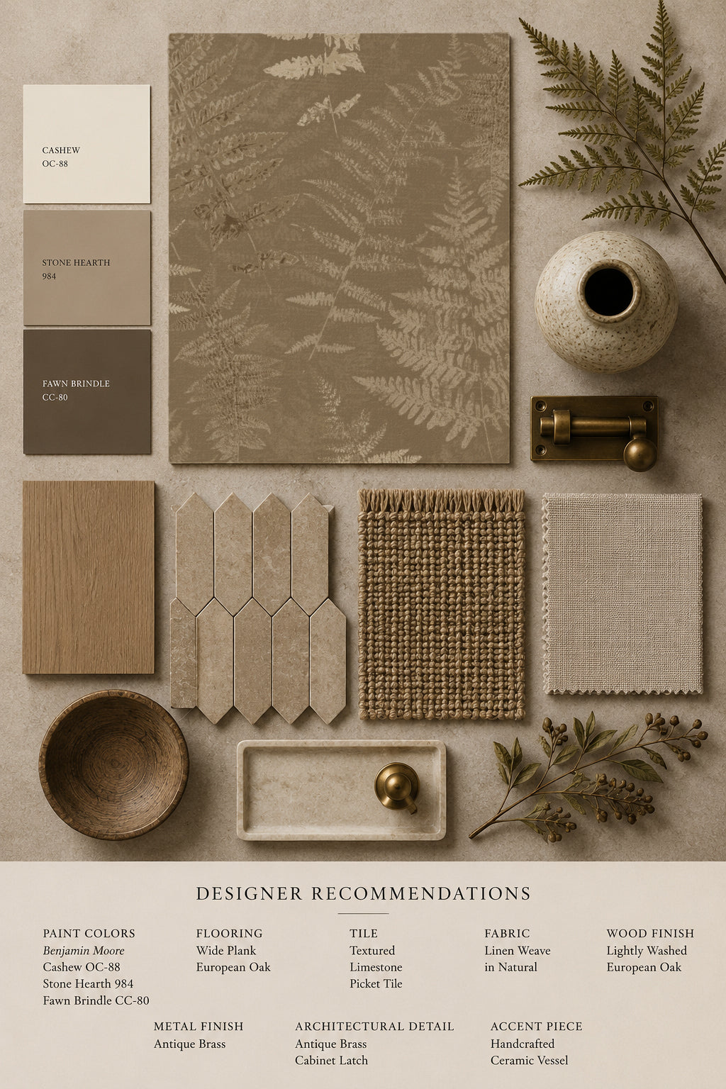 Botanical fern wallpaper sample with earthy decor elements in neutral tones.