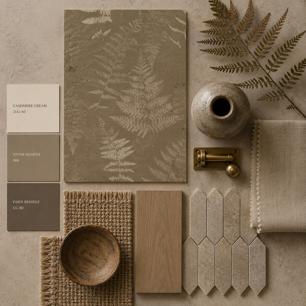 Botanical fern wallpaper sample with taupe and cream tones, paired with decor elements.