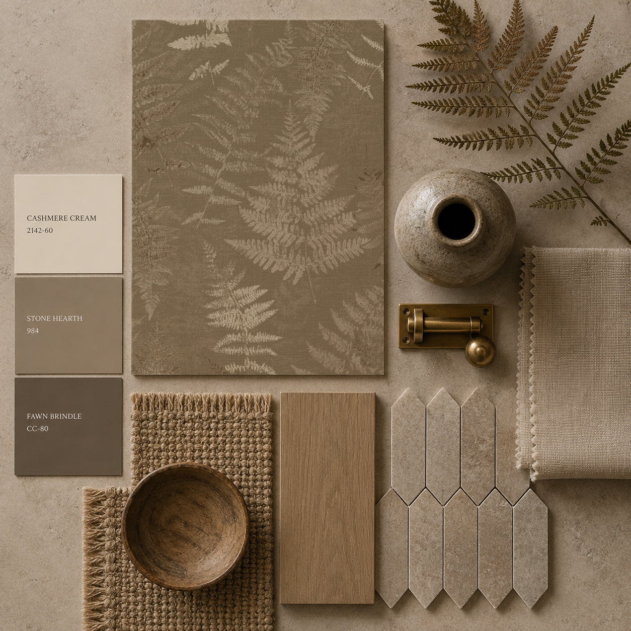 Botanical fern wallpaper sample with taupe and cream tones, paired with decor elements.