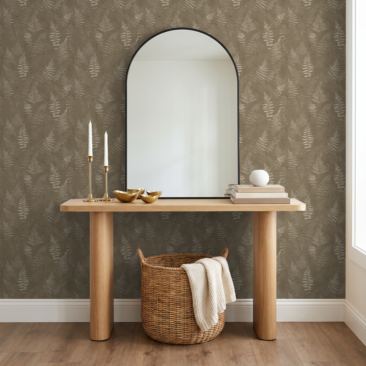 Botanical fern wallpaper in taupe and cream with mirror and wooden table decor.