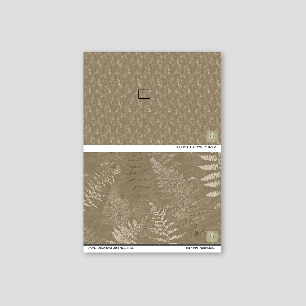 Botanical fern wallpaper in taupe and cream tones with intricate leaf patterns.