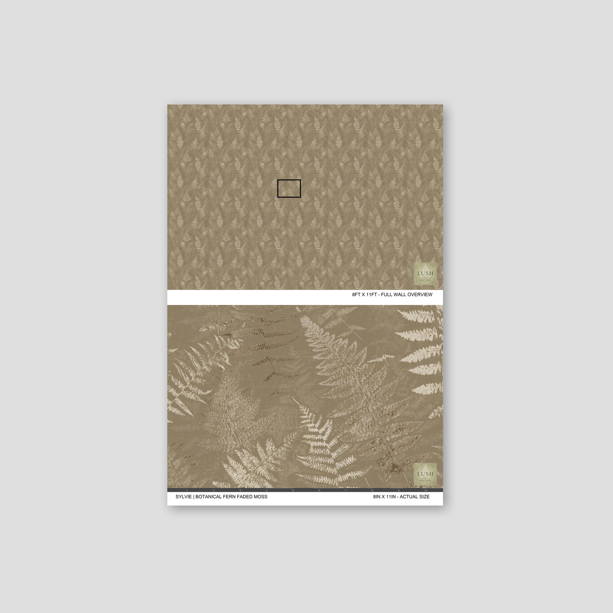 Botanical fern wallpaper in taupe and cream tones with intricate leaf patterns.