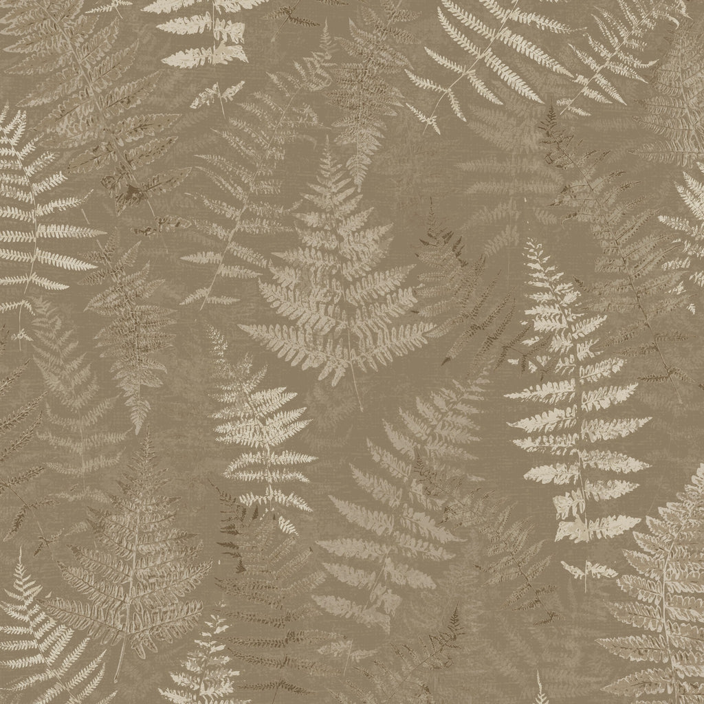 Botanical fern wallpaper in taupe and cream with textured leaf pattern.