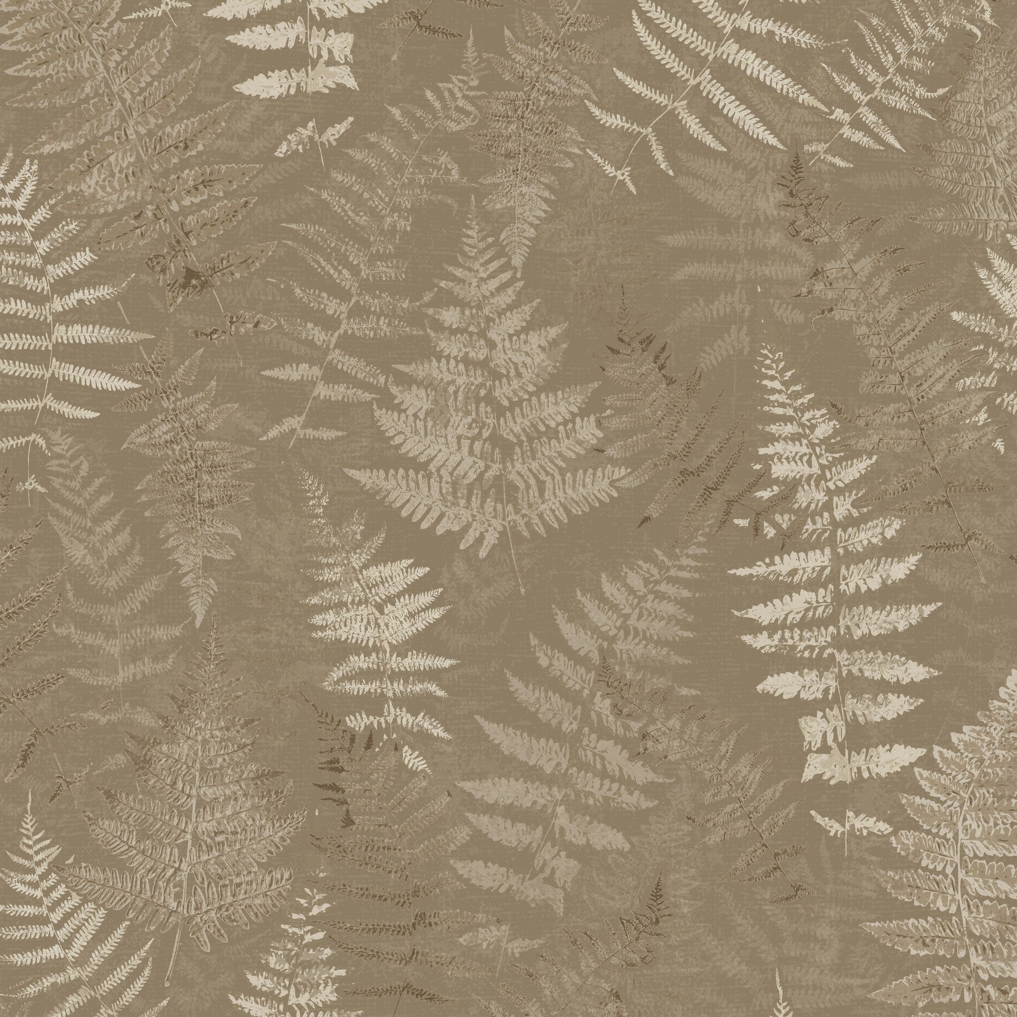 Botanical fern wallpaper in taupe and cream with textured leaf pattern.