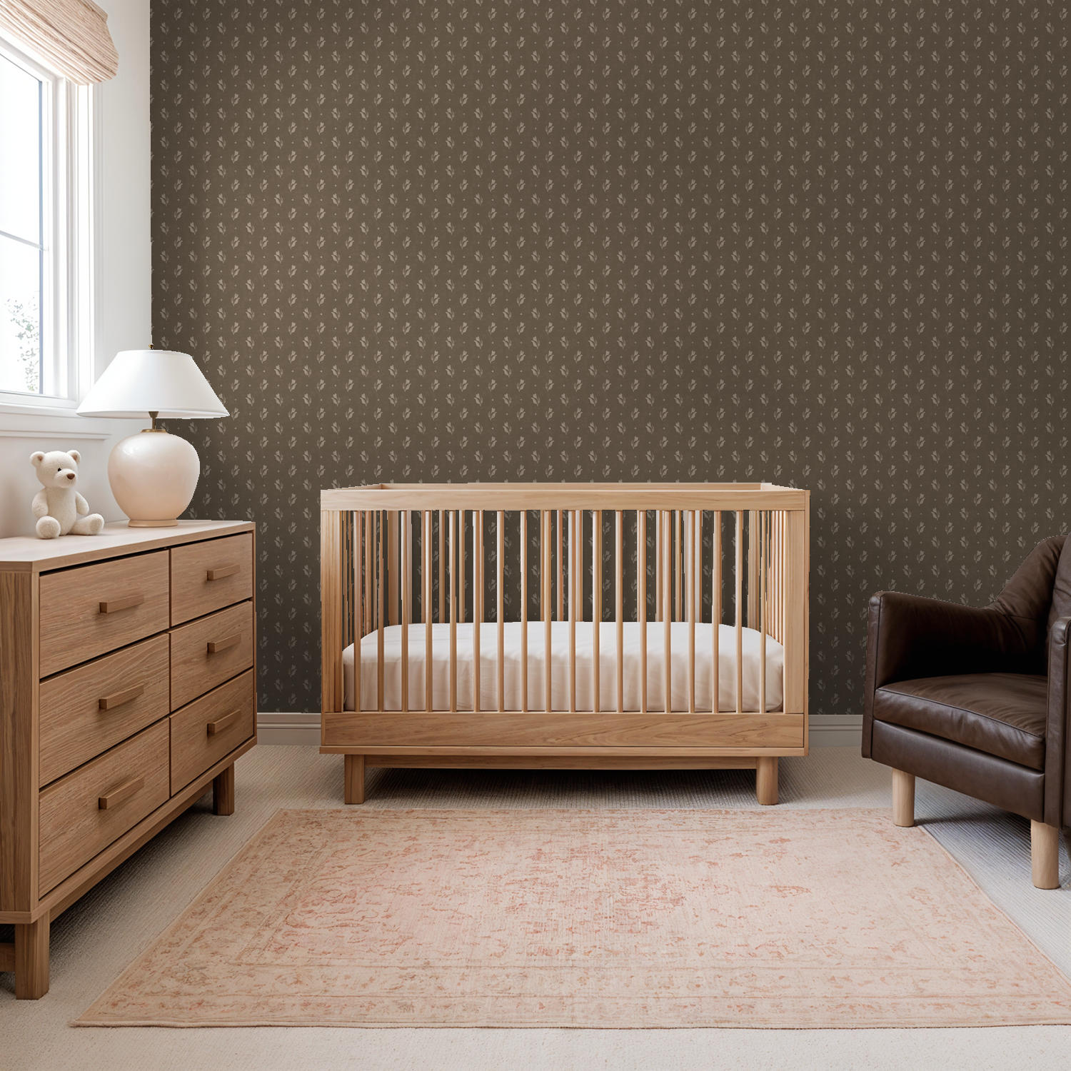 Botanical floral wallpaper in brown nursery with wooden crib and dresser.