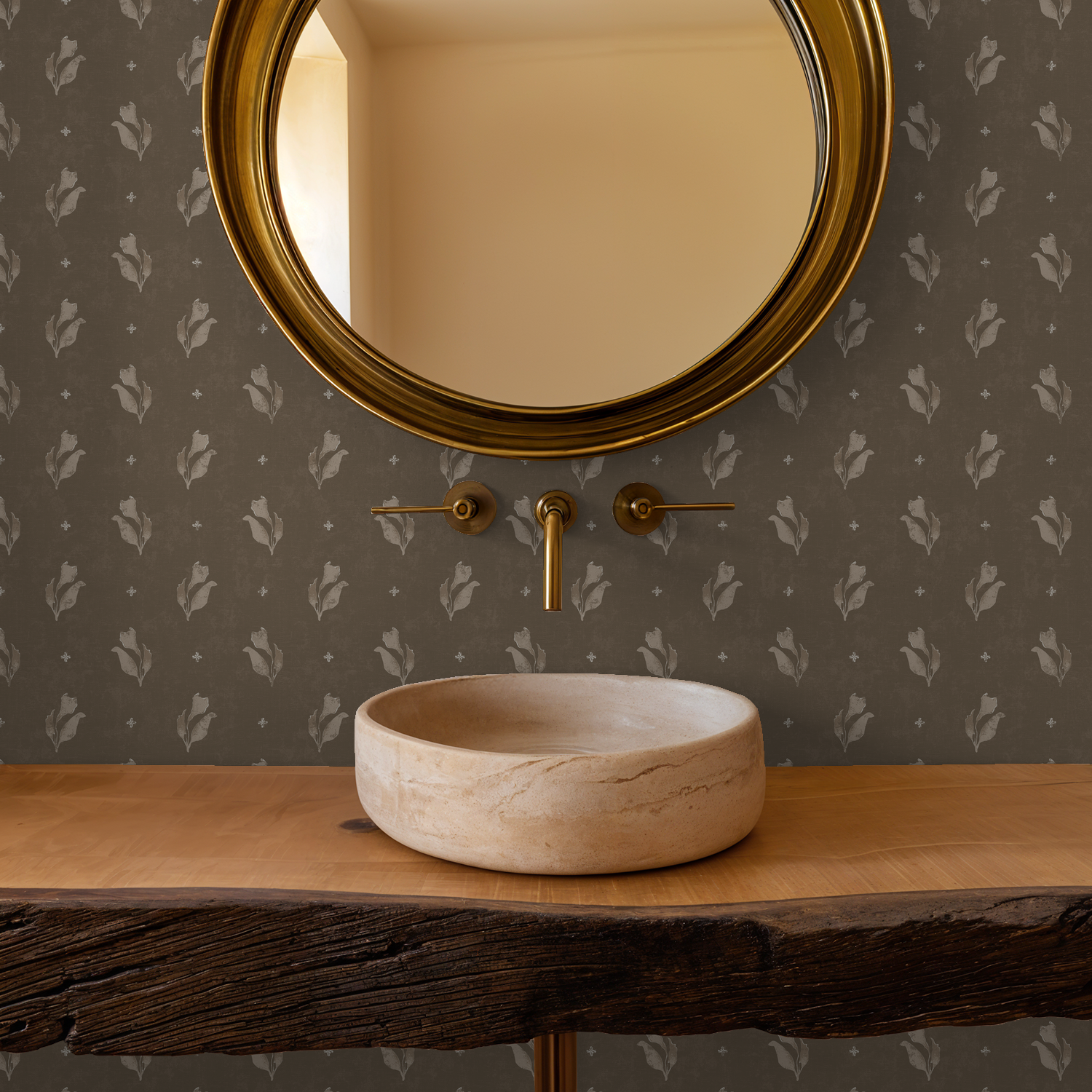 Botanical floral wallpaper in earthy tones with a rustic bathroom setting.