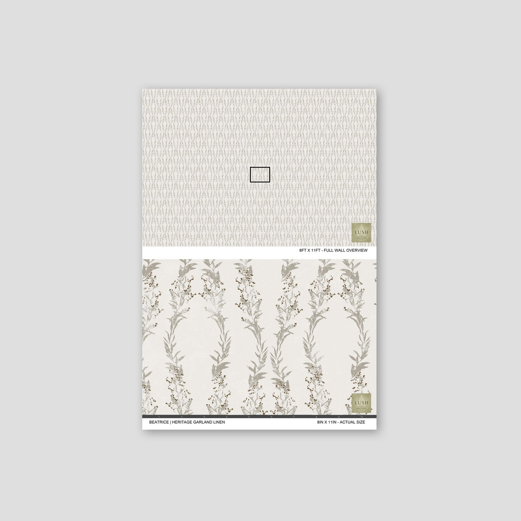 Botanical wallpaper with muted gray and brown floral motifs on a linen background.