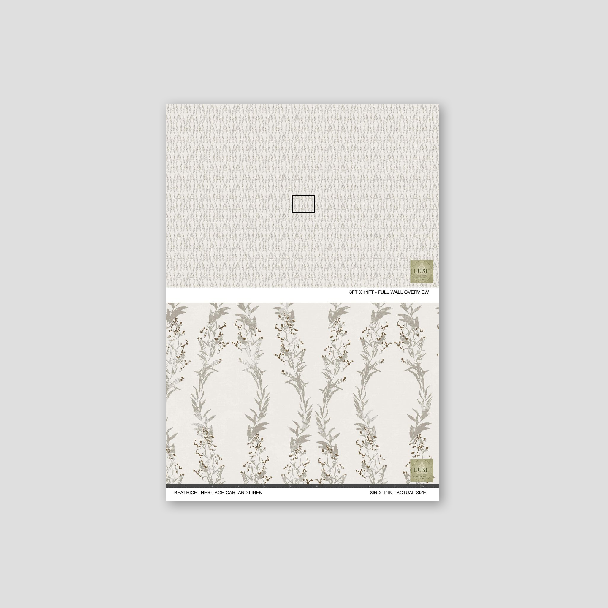 Botanical wallpaper with muted gray and brown floral motifs on a linen background.