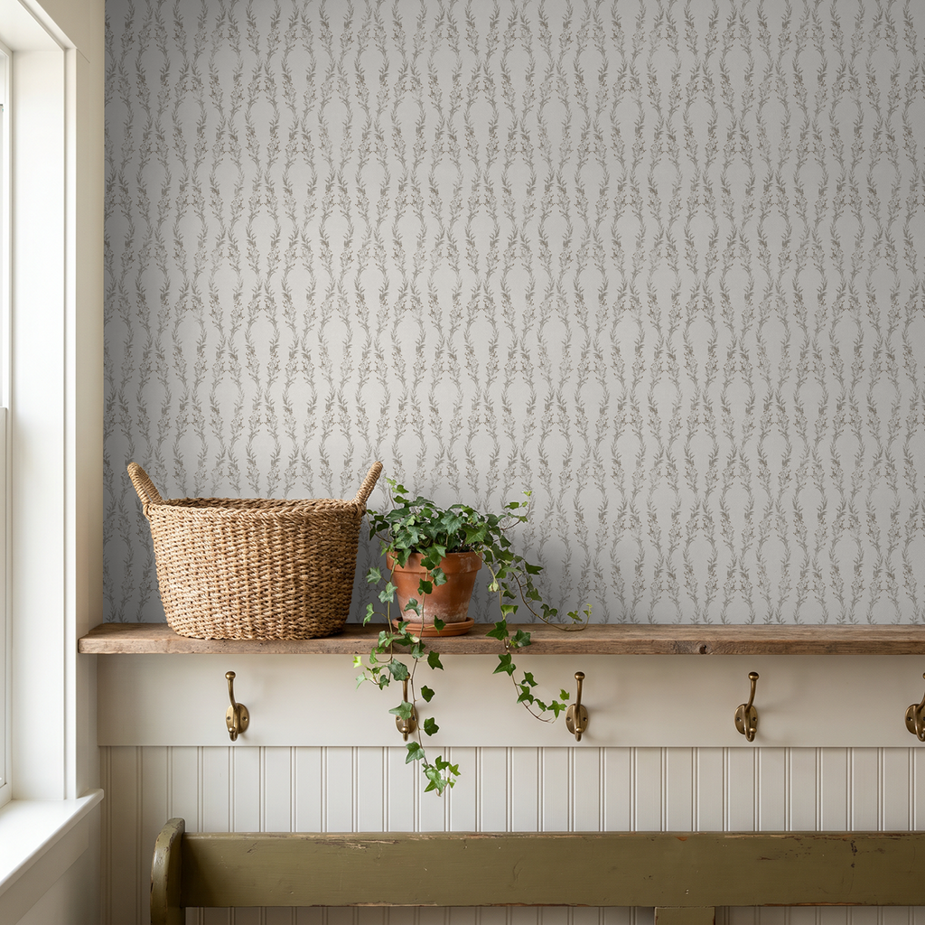 Botanical gray wallpaper with rustic decor and plant on shelf