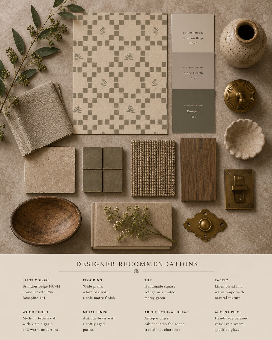 Botanical lattice olive on cream wallpaper with neutral decor samples.