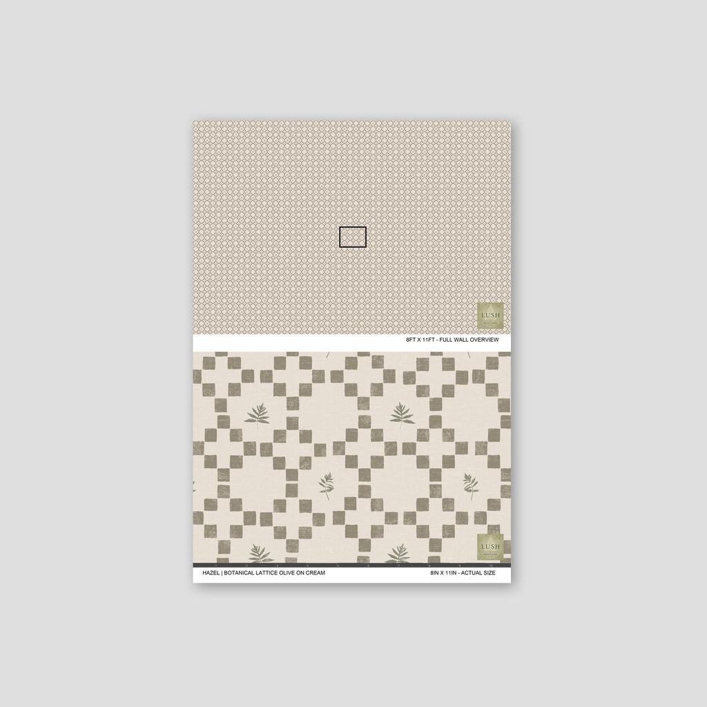 Botanical lattice olive on cream wallpaper with geometric and floral design.