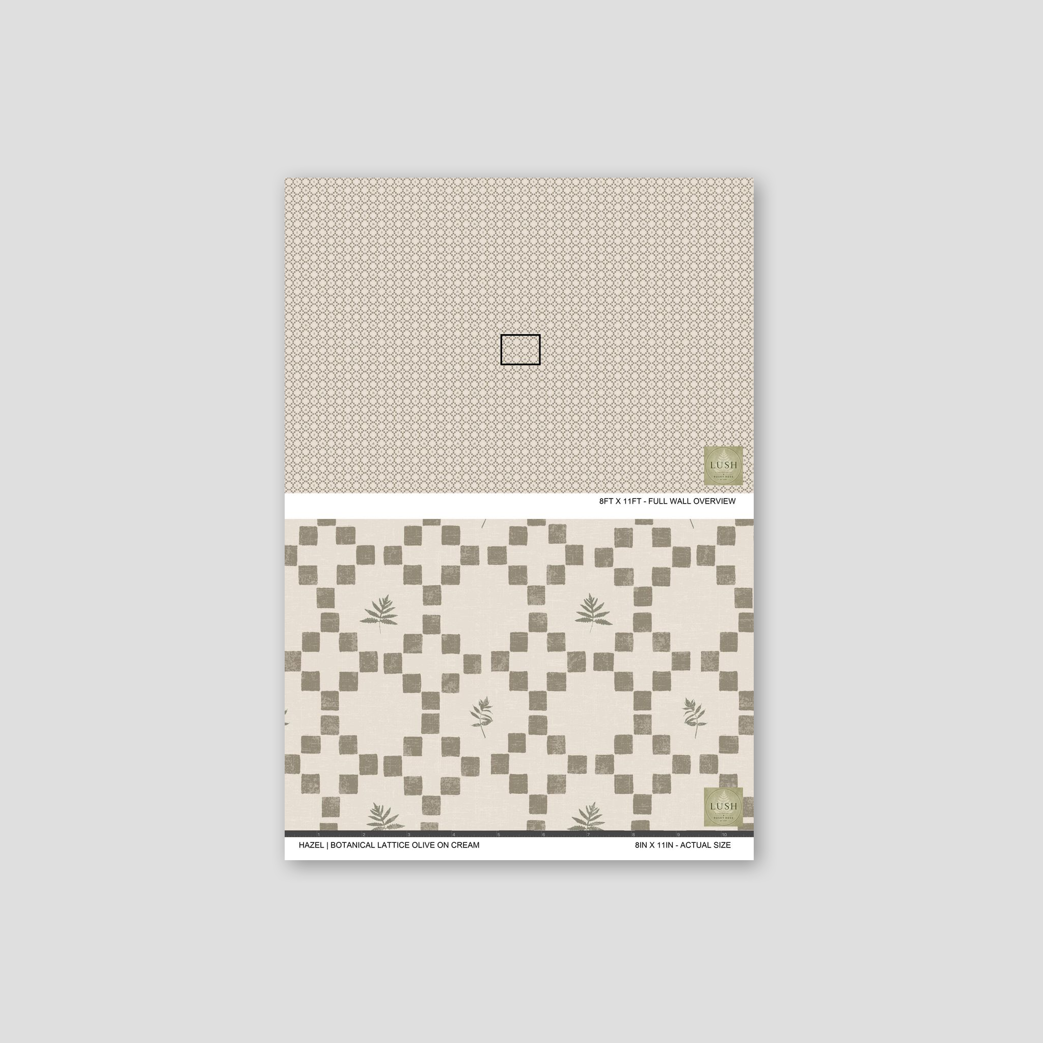 Botanical lattice olive on cream wallpaper with geometric and floral design.