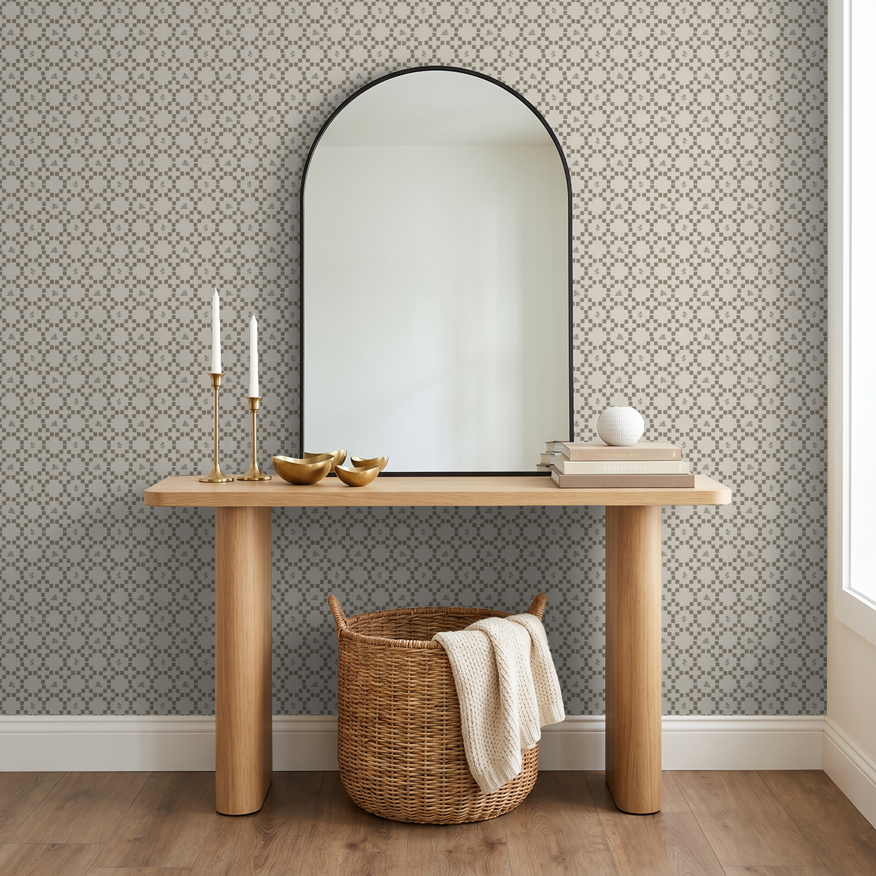 Botanical lattice olive on cream wallpaper in modern entryway with mirror and decor.