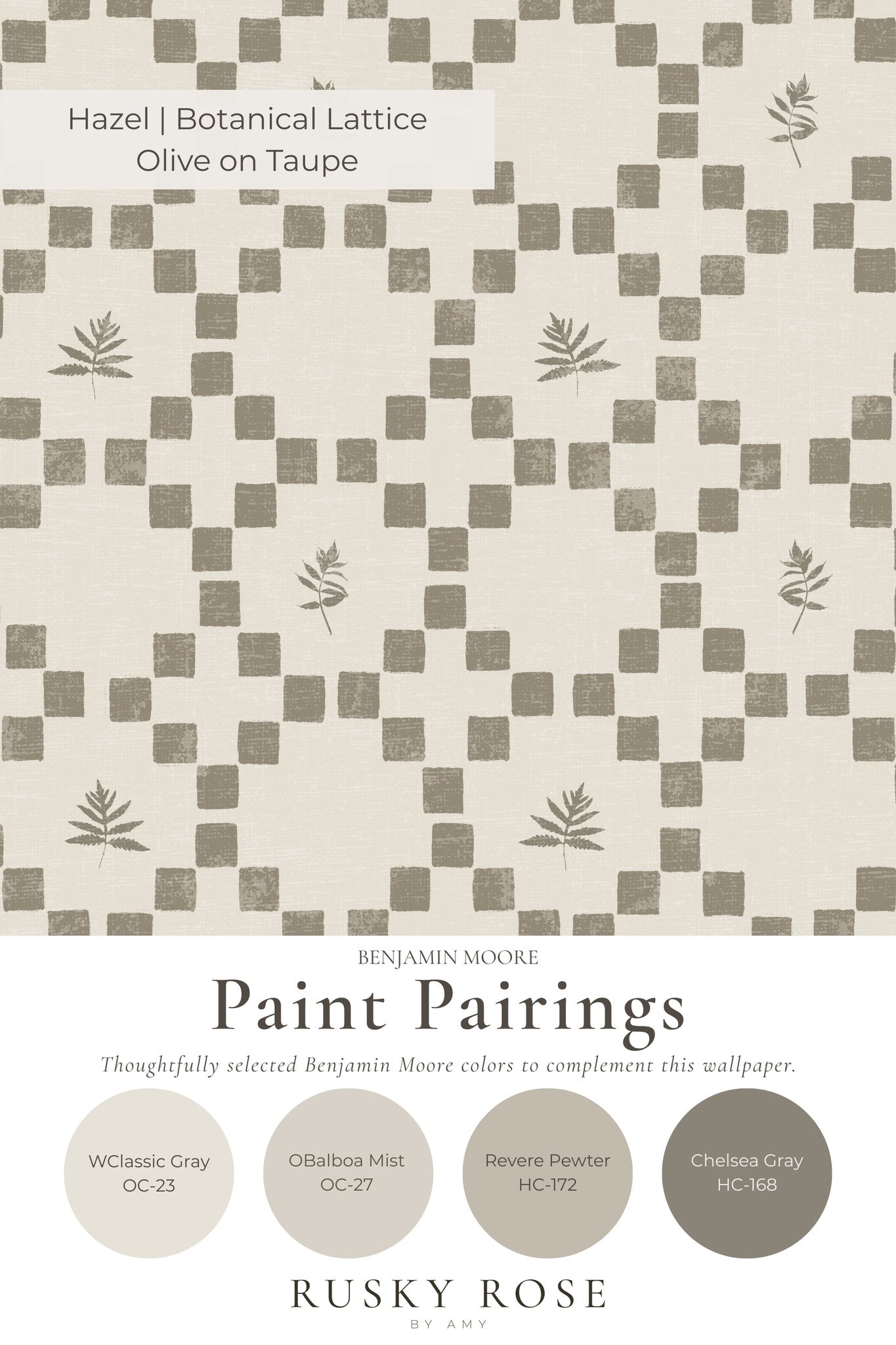 Botanical lattice wallpaper with olive geometric pattern on taupe background.