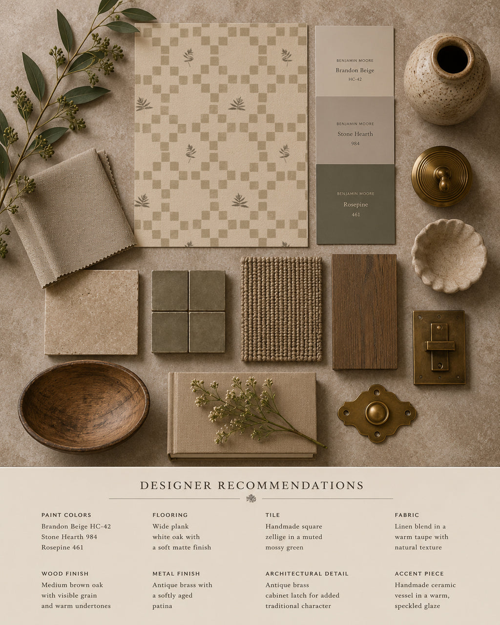 Botanical lattice taupe wallpaper with earthy tones and leaf motifs in a flatlay of decor elements.