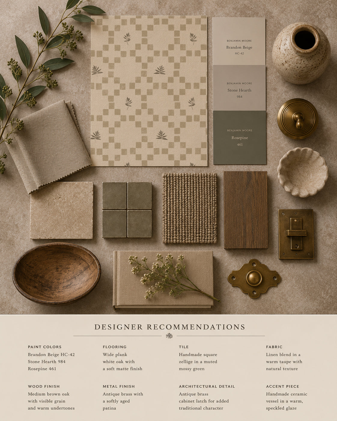 Botanical lattice taupe wallpaper with earthy tones and leaf motifs in a flatlay of decor elements.