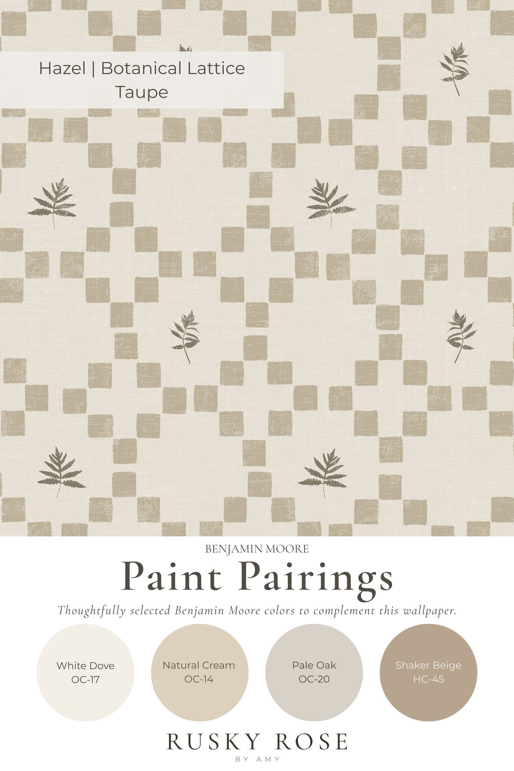 Botanical lattice taupe wallpaper with leaf motifs and checkered pattern.
