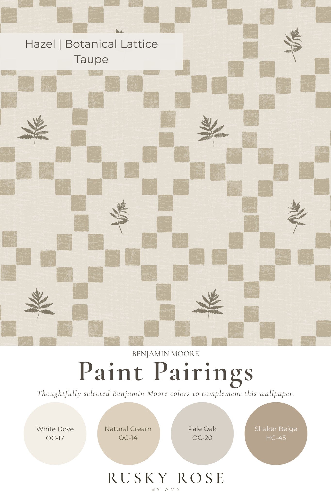 Botanical lattice taupe wallpaper with leaf motifs and checkered pattern.