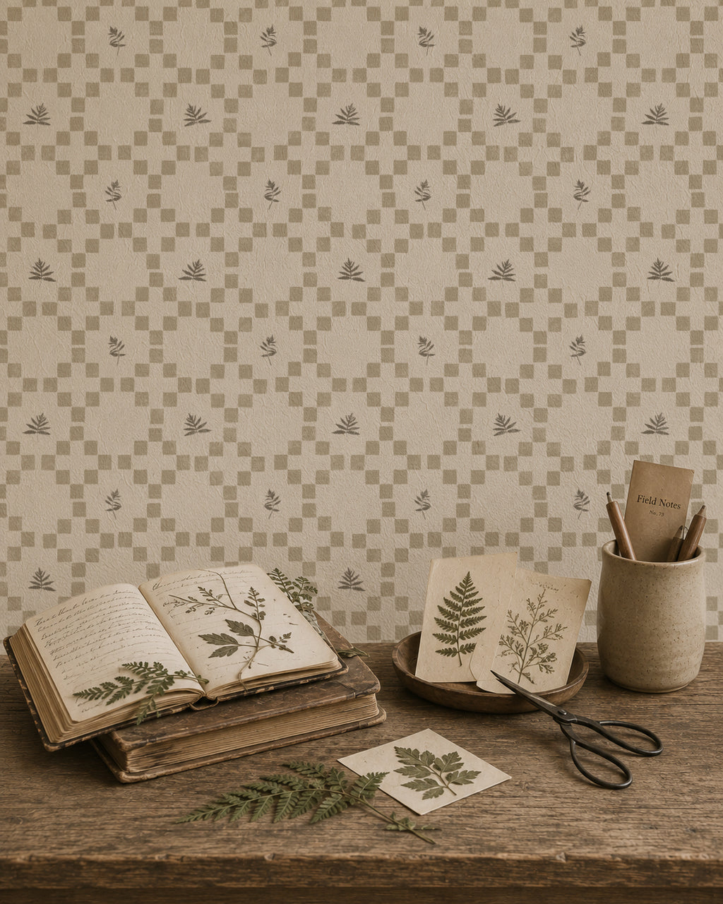 Botanical lattice taupe wallpaper with leafy motifs in a rustic setting.