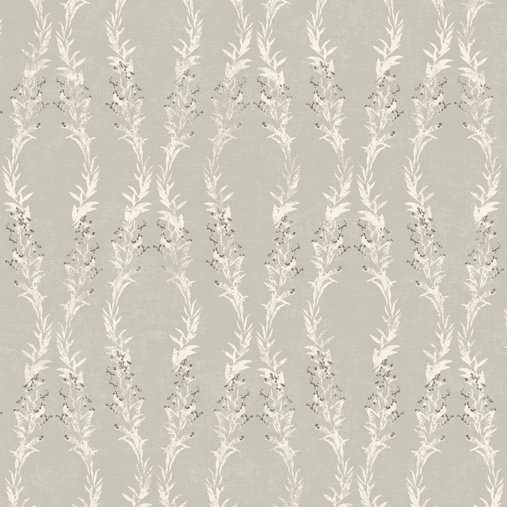 Botanical wallpaper with leafy garlands in soft stone hues on a textured background.