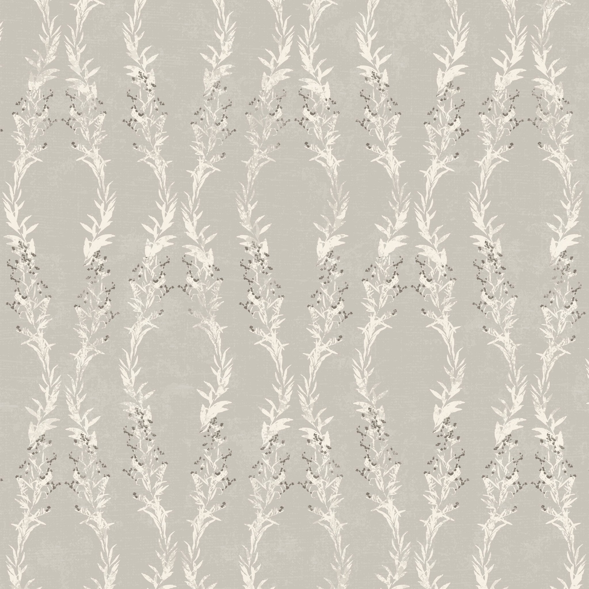 Botanical wallpaper with leafy garlands in soft stone hues on a textured background.