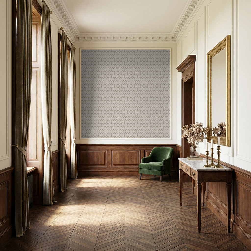 Botanical medallion taupe on cream wallpaper in elegant living room with green chair and wood accents.