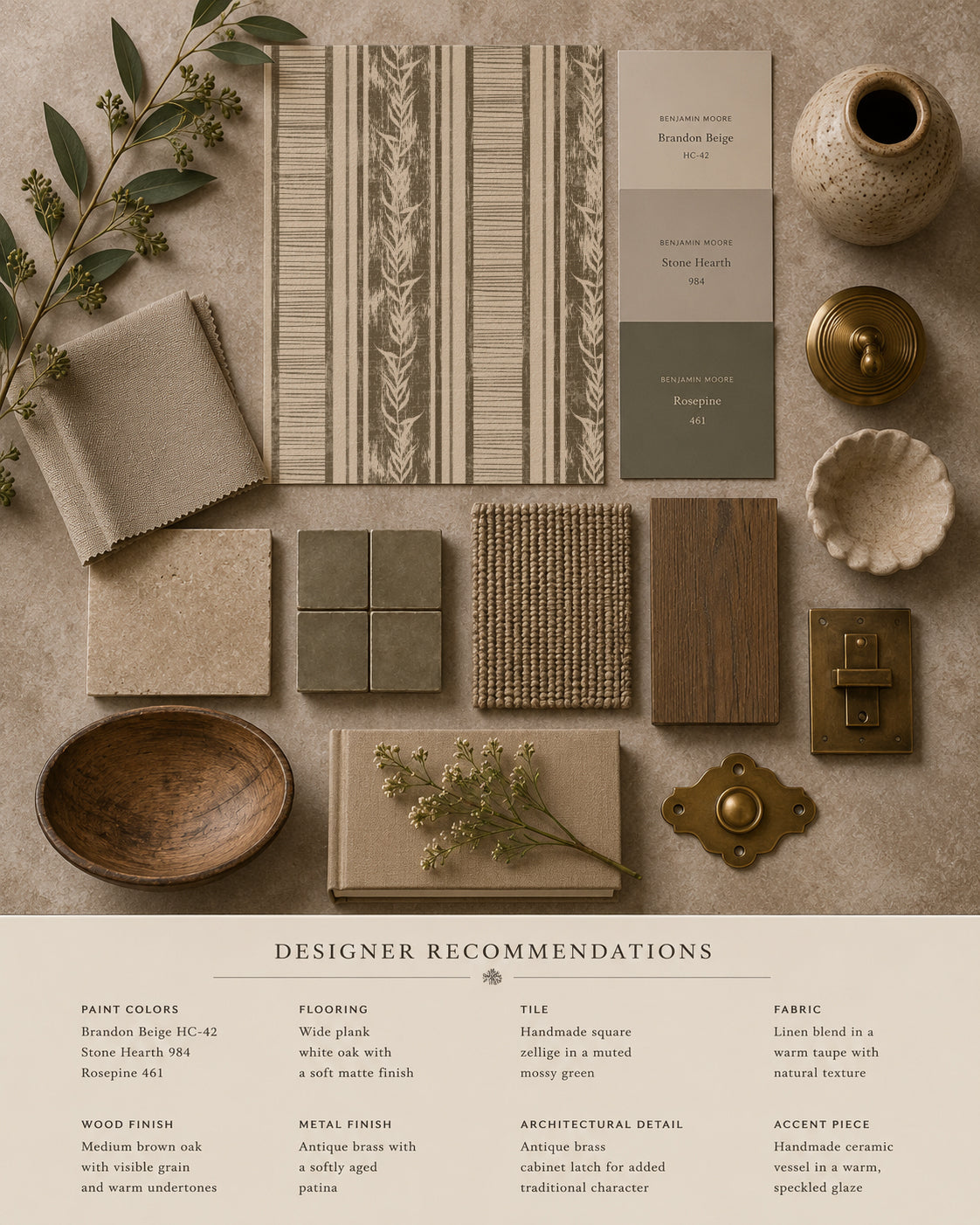 Botanical stripe olive wallpaper with laurel motifs and earthy tones in a flatlay with decor elements.