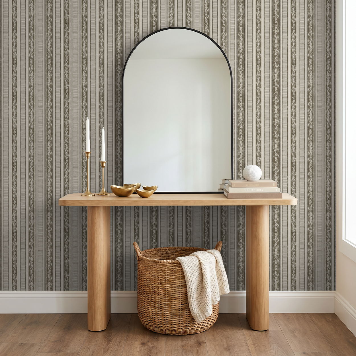 Botanical stripe olive wallpaper with laurel motifs in a rustic entryway setting.