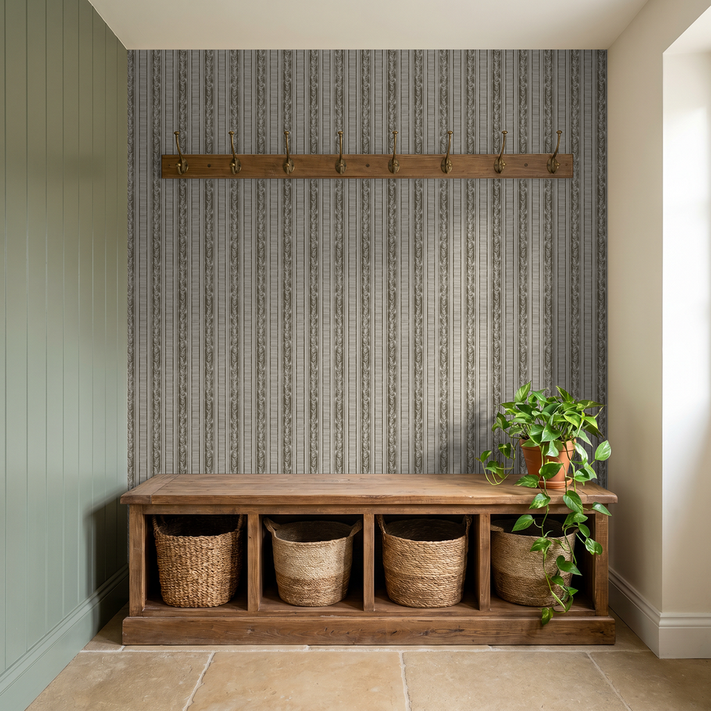 Botanical stripe olive wallpaper with laurel motifs in rustic entryway setting.