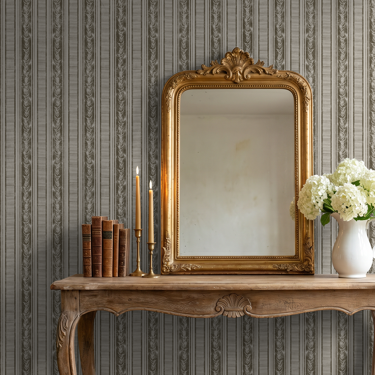 Botanical stripe olive wallpaper with laurel motifs in vintage room setting.