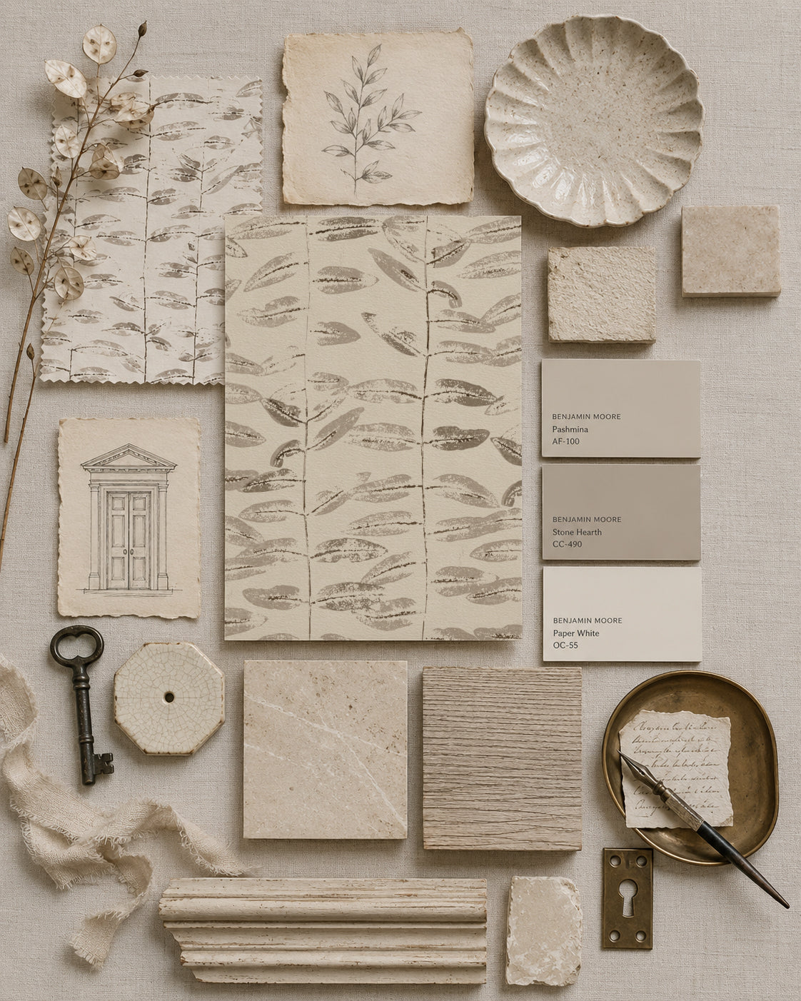 Botanical taupe and cream wallpaper with leaf patterns and decor samples.